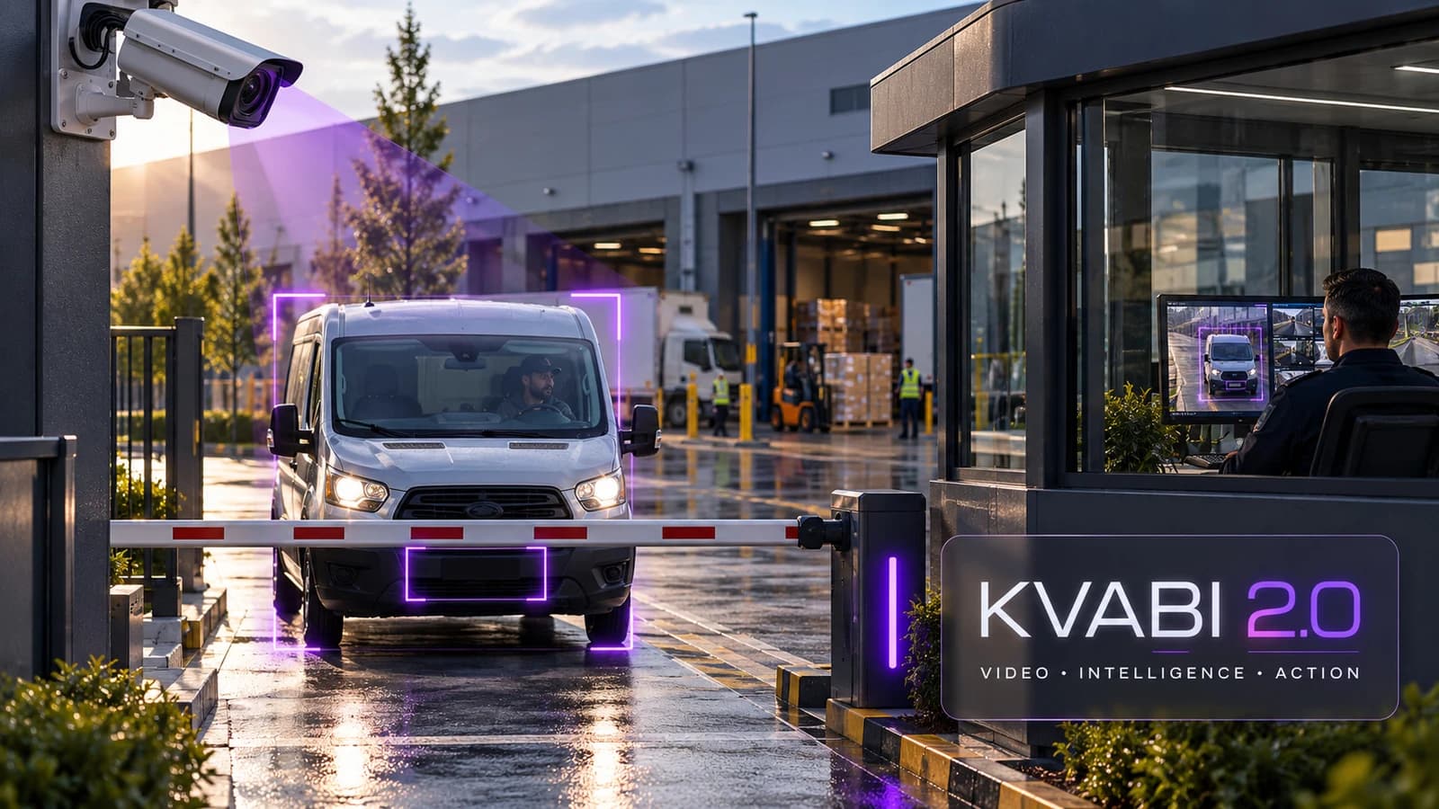 Industrial entrance with CCTV, a detected delivery van and a security operator reviewing video