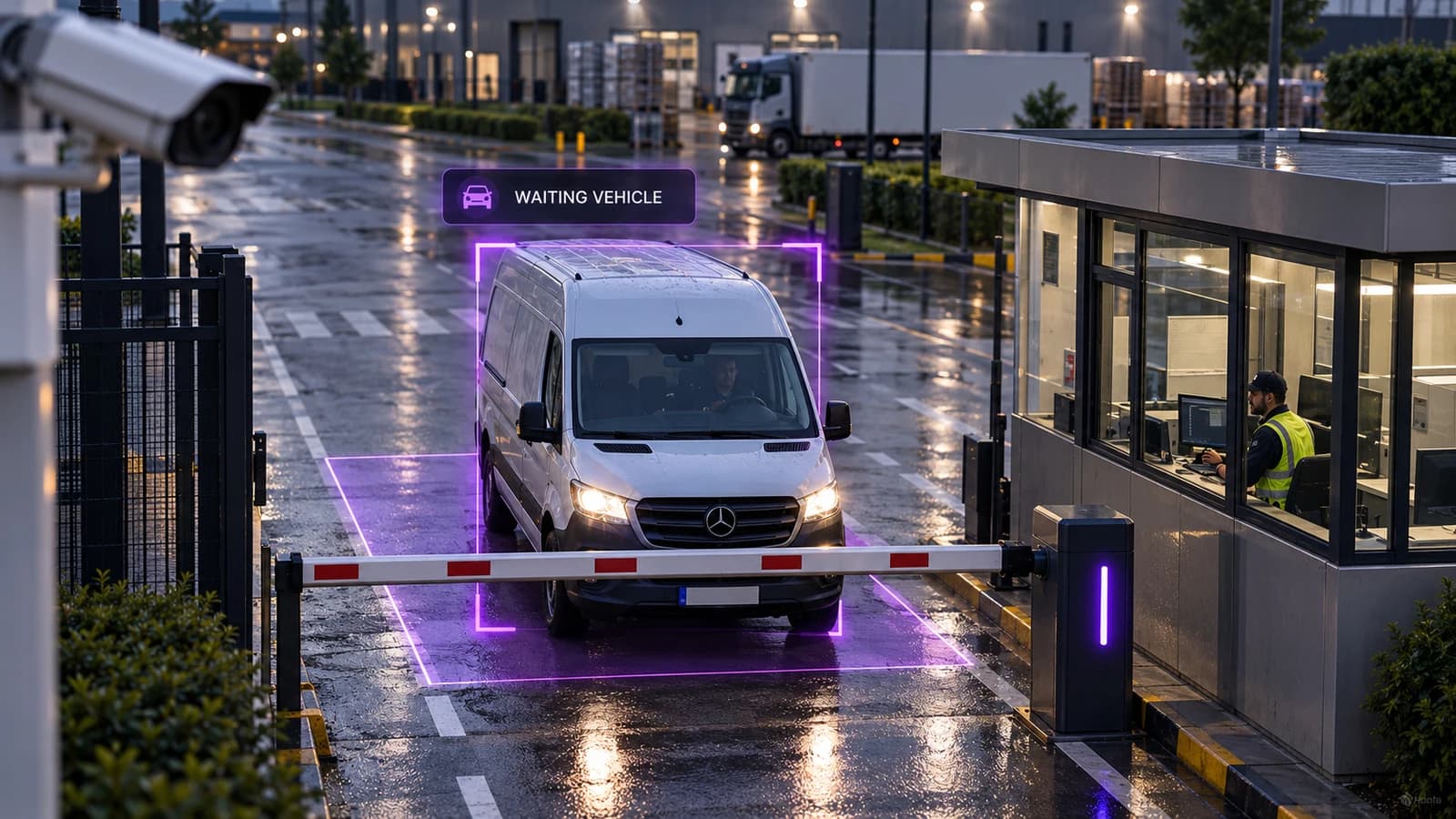 Delivery van waiting at a monitored industrial entrance barrier