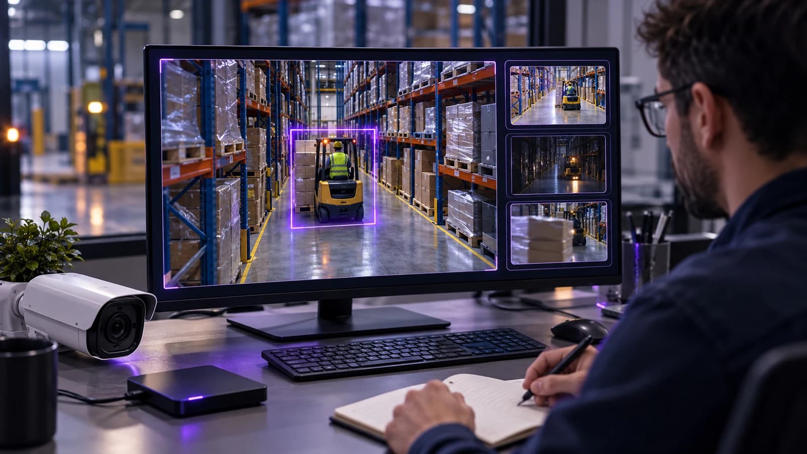 Workstation displaying representative warehouse CCTV footage under different viewing conditions