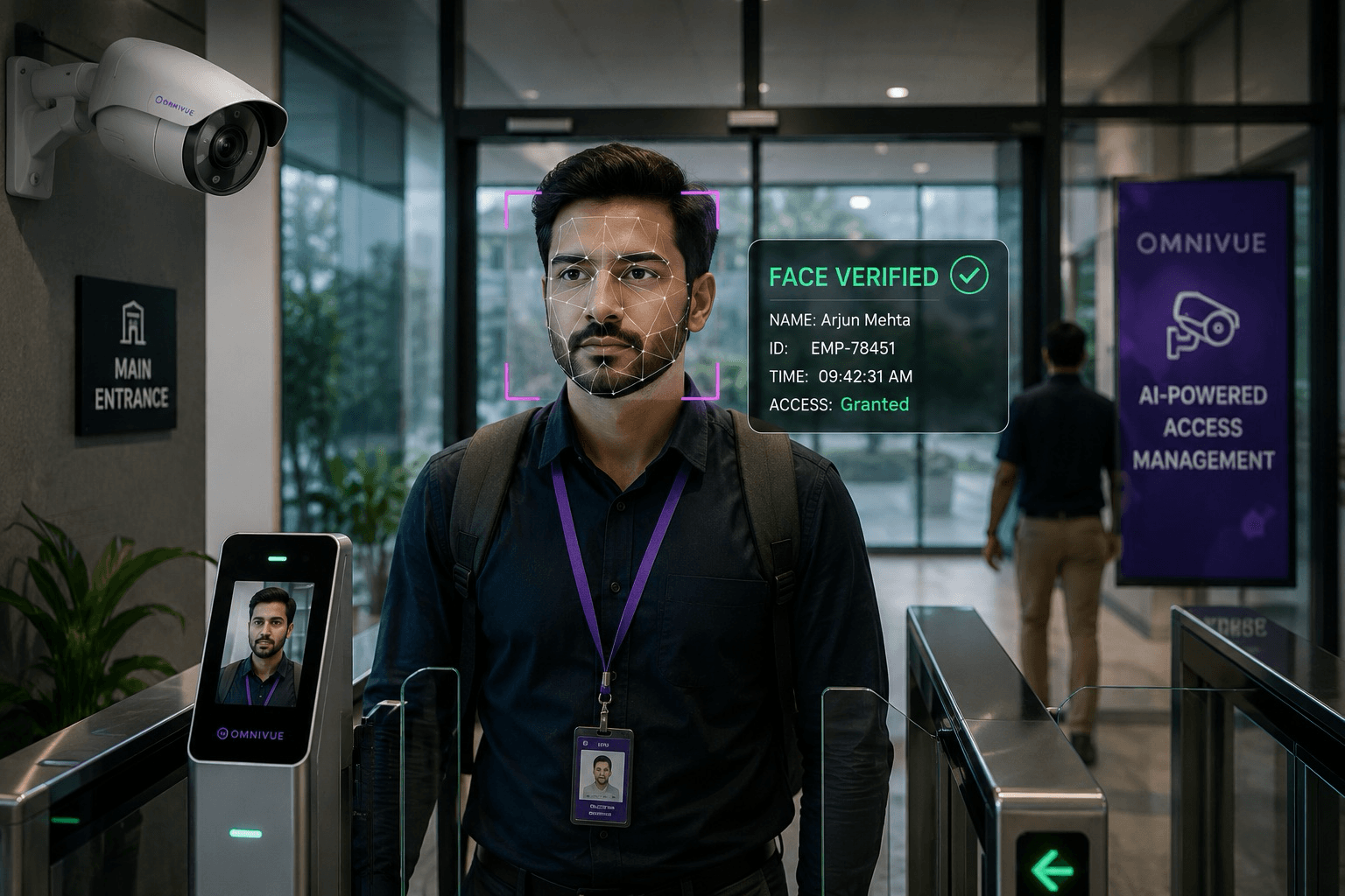 Modern access control lobby with turnstiles and AI access terminal