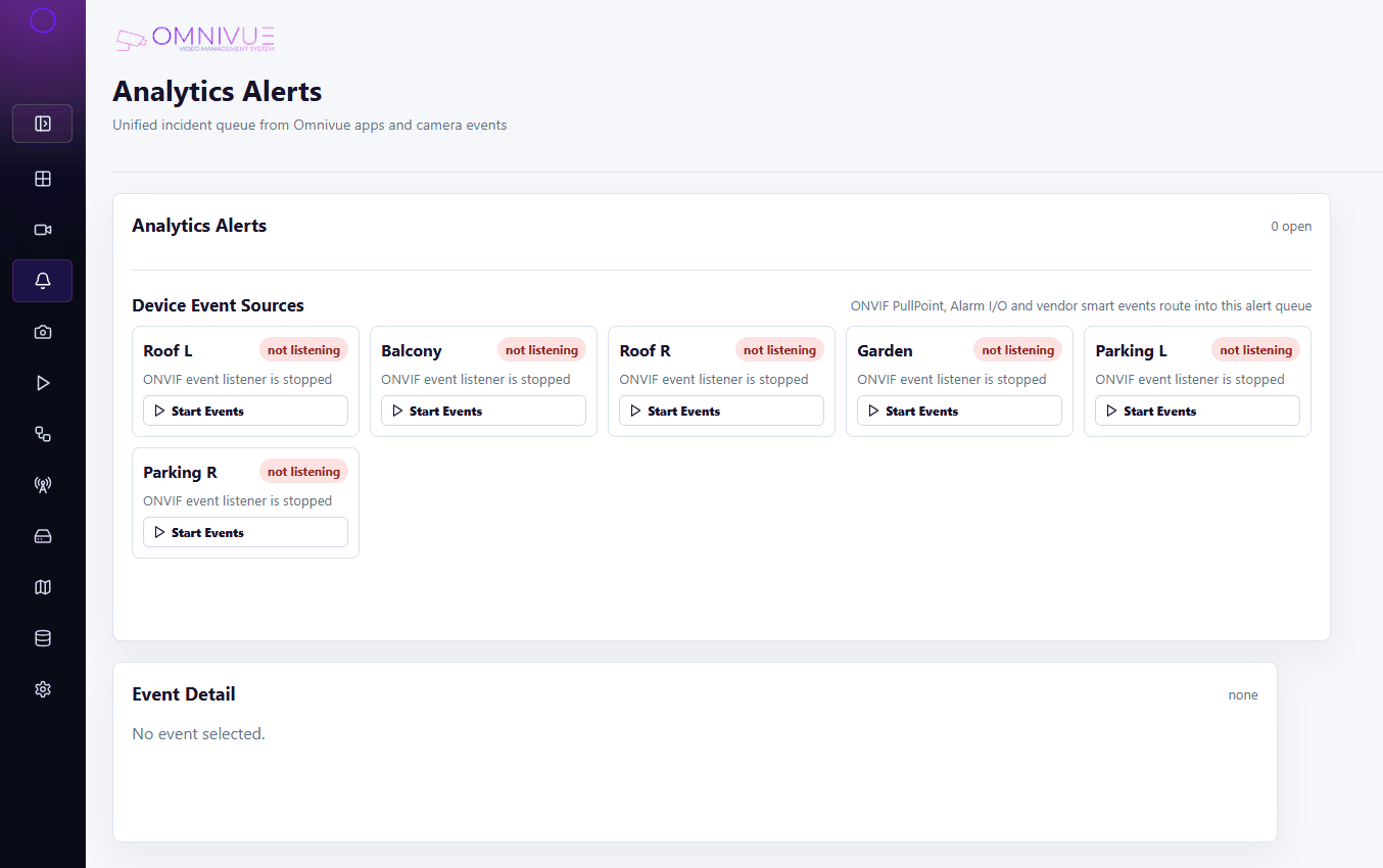 KVABI VMS analytics alerts screenshot with ONVIF event source cards