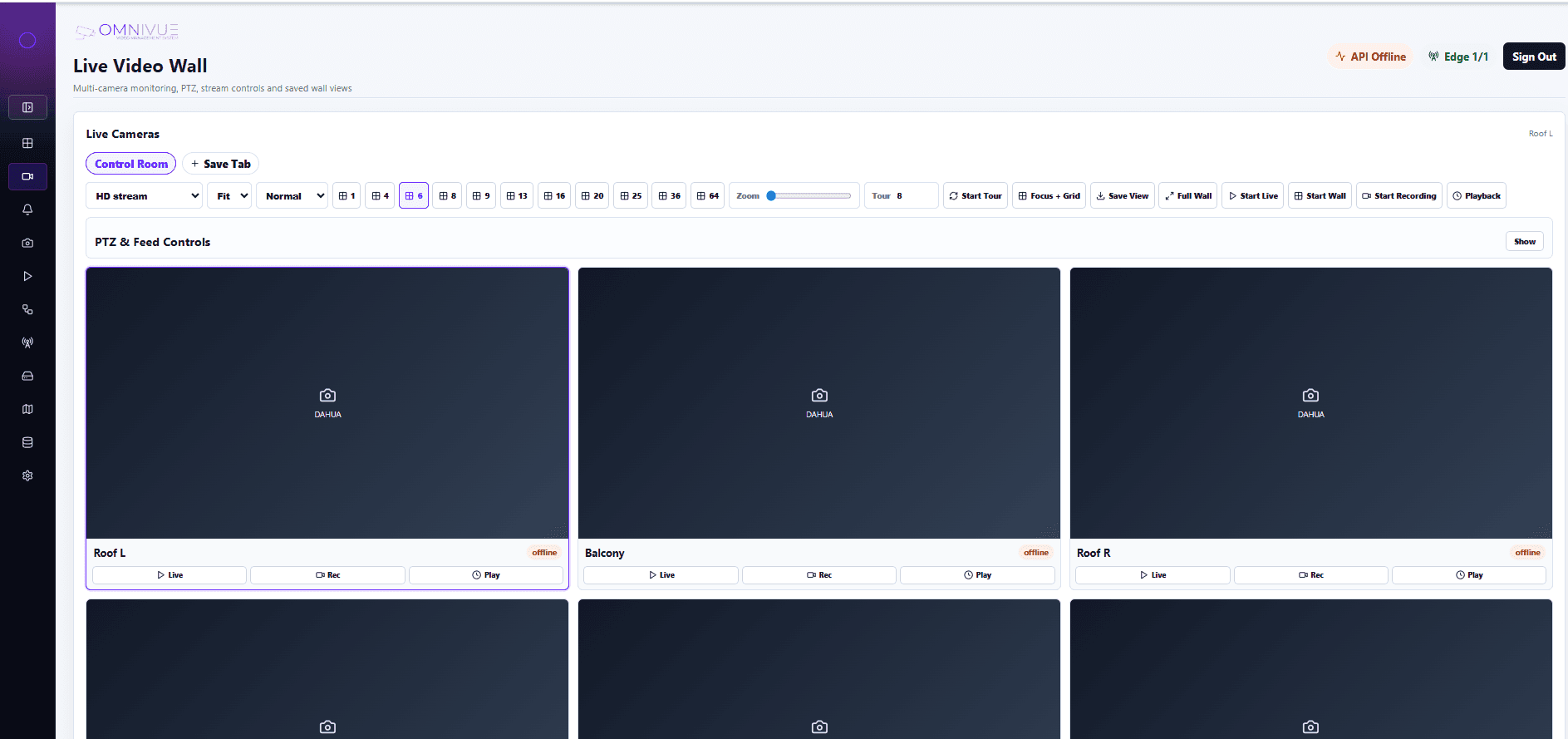 KVABI VMS live video wall screenshot with multi-camera monitoring controls