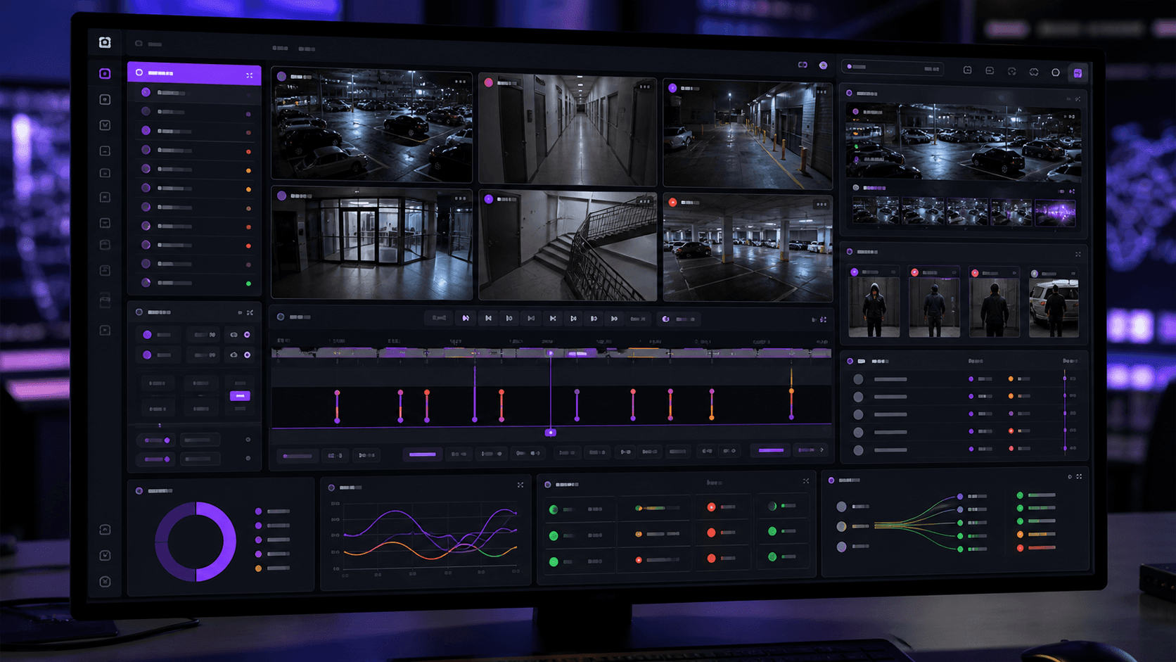 KVABI VMS event review screen with playback timeline, evidence panels and camera health indicators