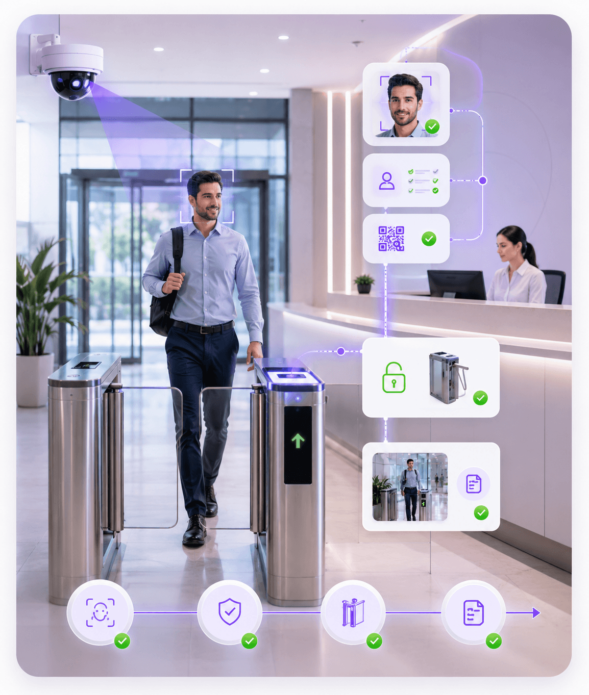 Compact AI access management visual showing identity approval and access records
