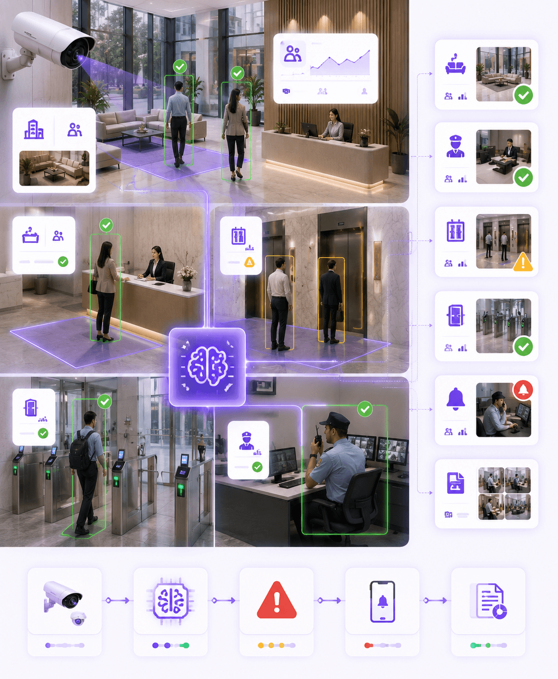 Compact facility operations AI visual showing lobby, elevator and guard desk monitoring