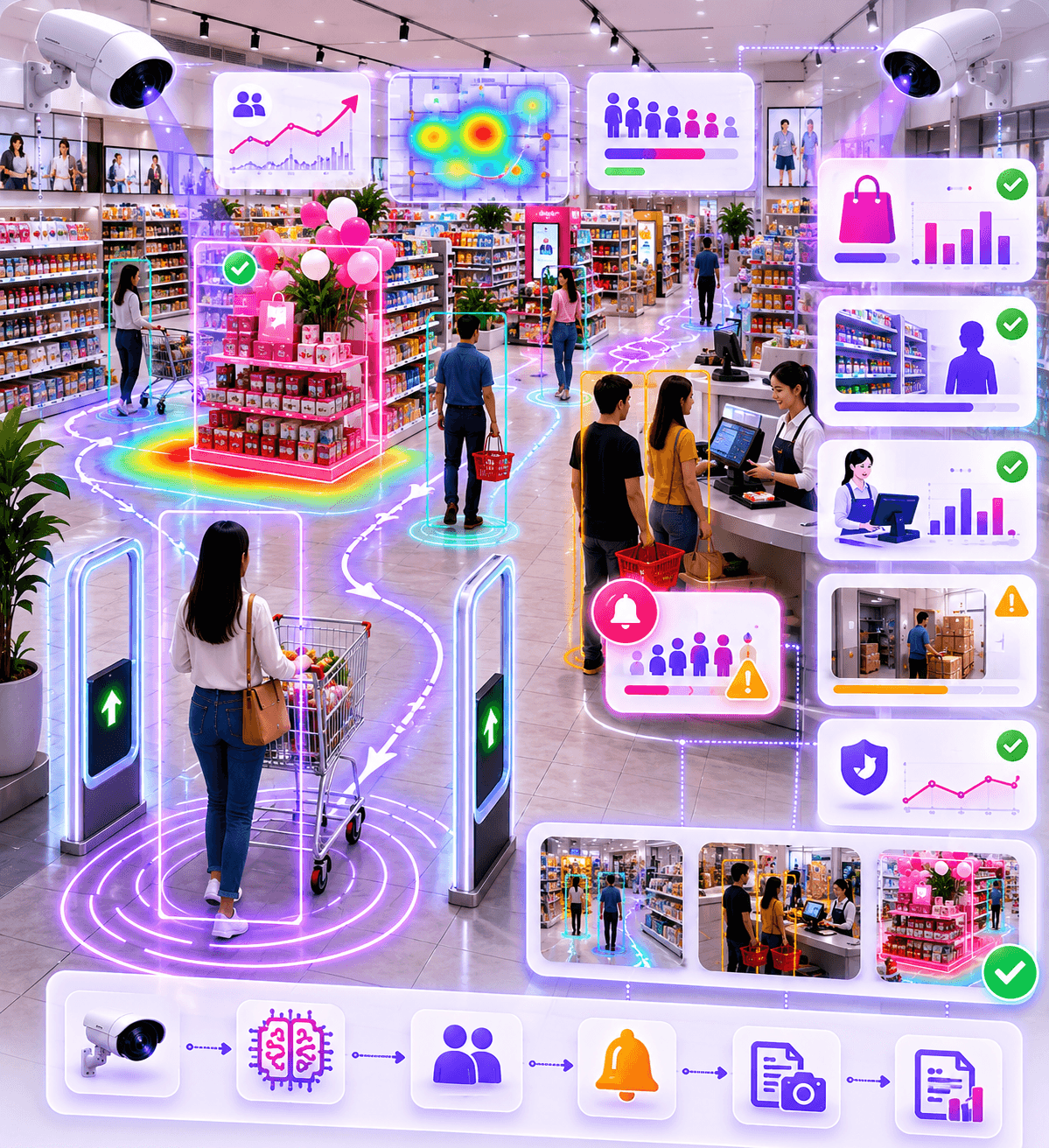 Compact retail operations intelligence visual showing customer flow, queue and POS monitoring