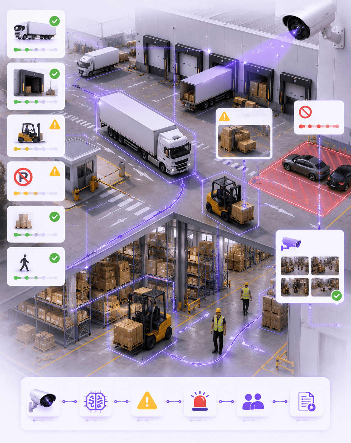 Compact warehouse and yard intelligence visual showing truck dock and forklift monitoring