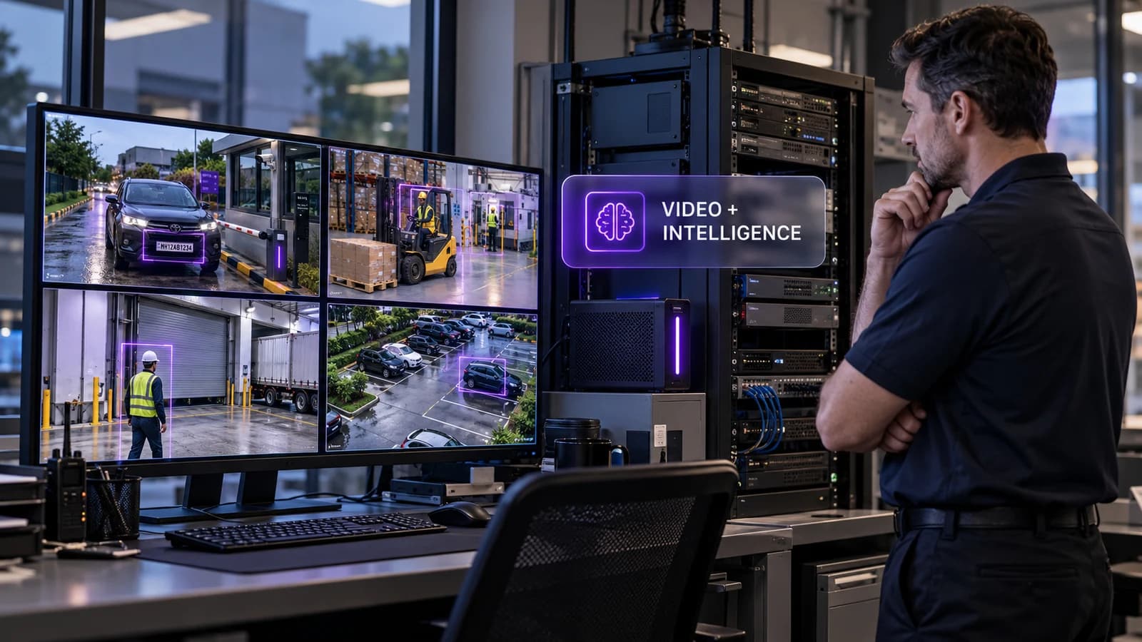 Facilities engineer assessing CCTV recording equipment and camera feeds