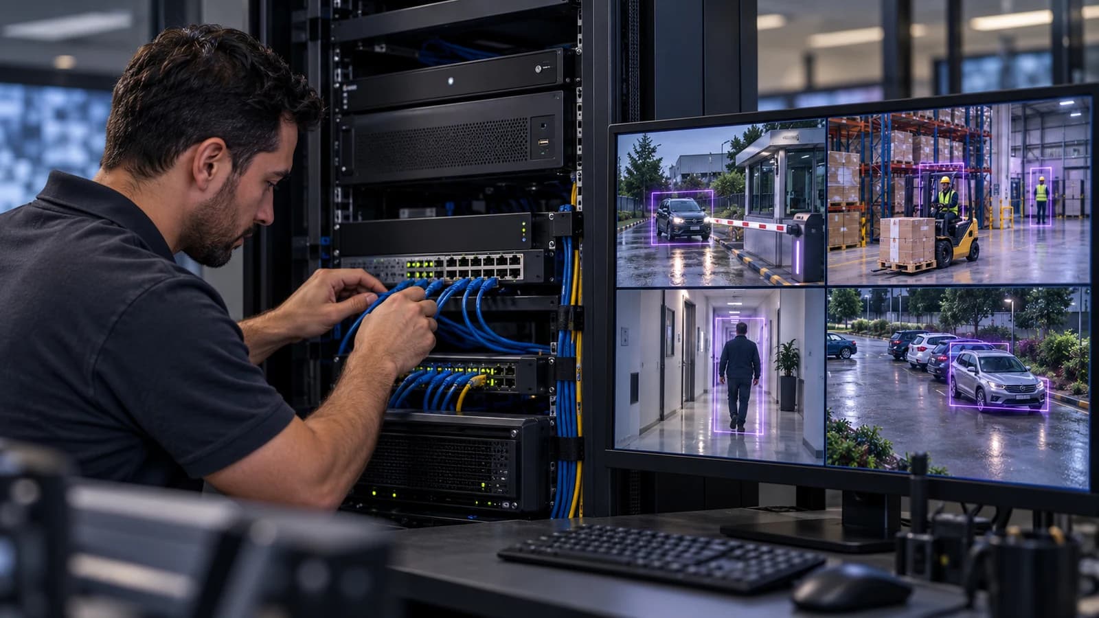 Technician checking CCTV recording and network equipment beside live camera feeds