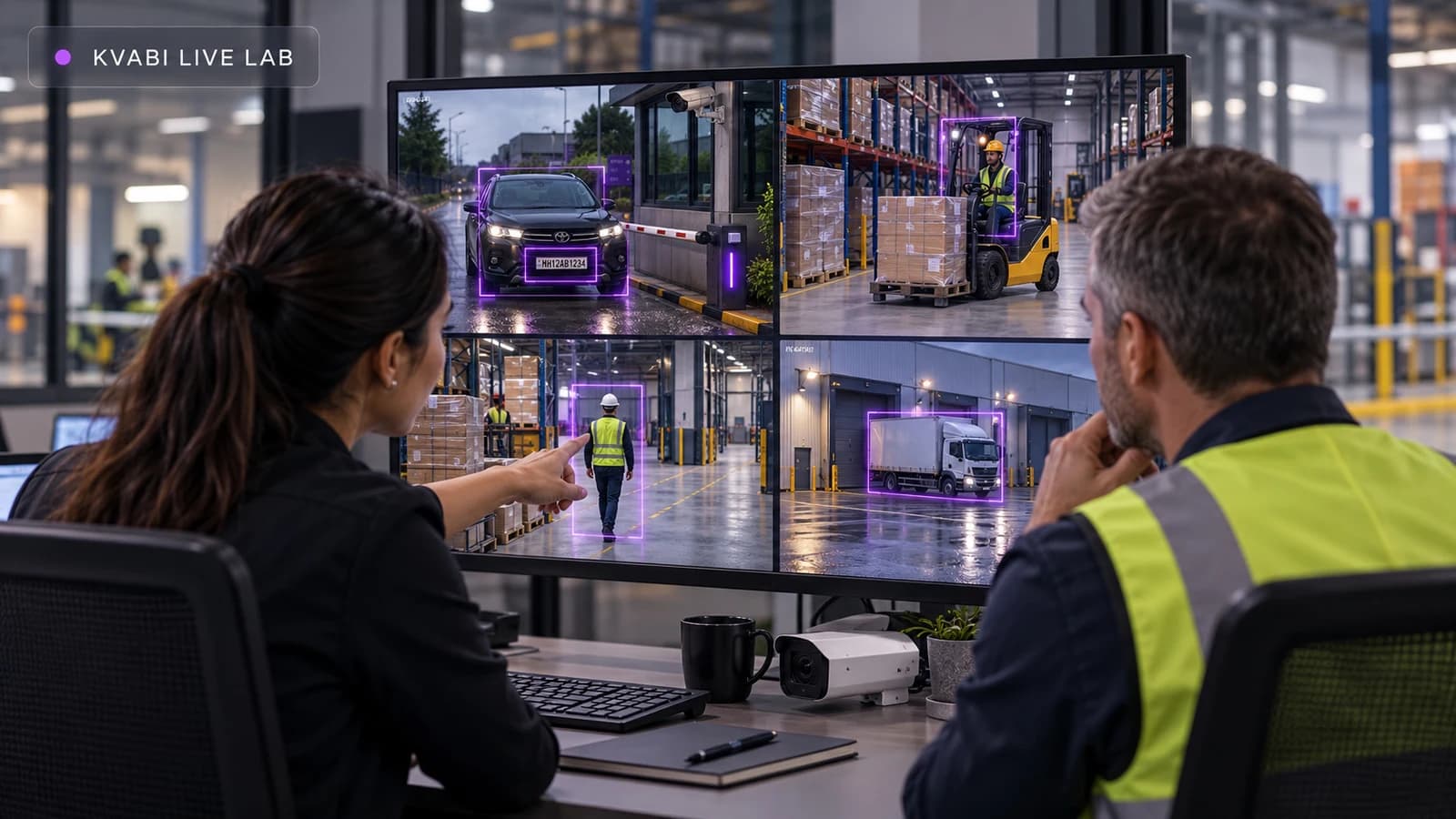 Engineer and facilities manager reviewing CCTV camera views in a live demonstration setting
