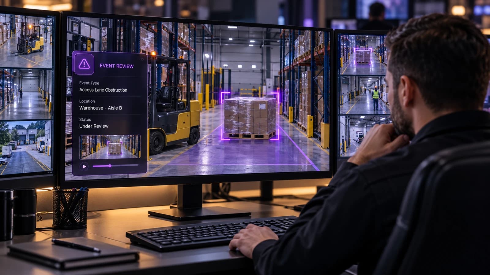 Security operator reviewing a warehouse obstruction event on control-room monitors