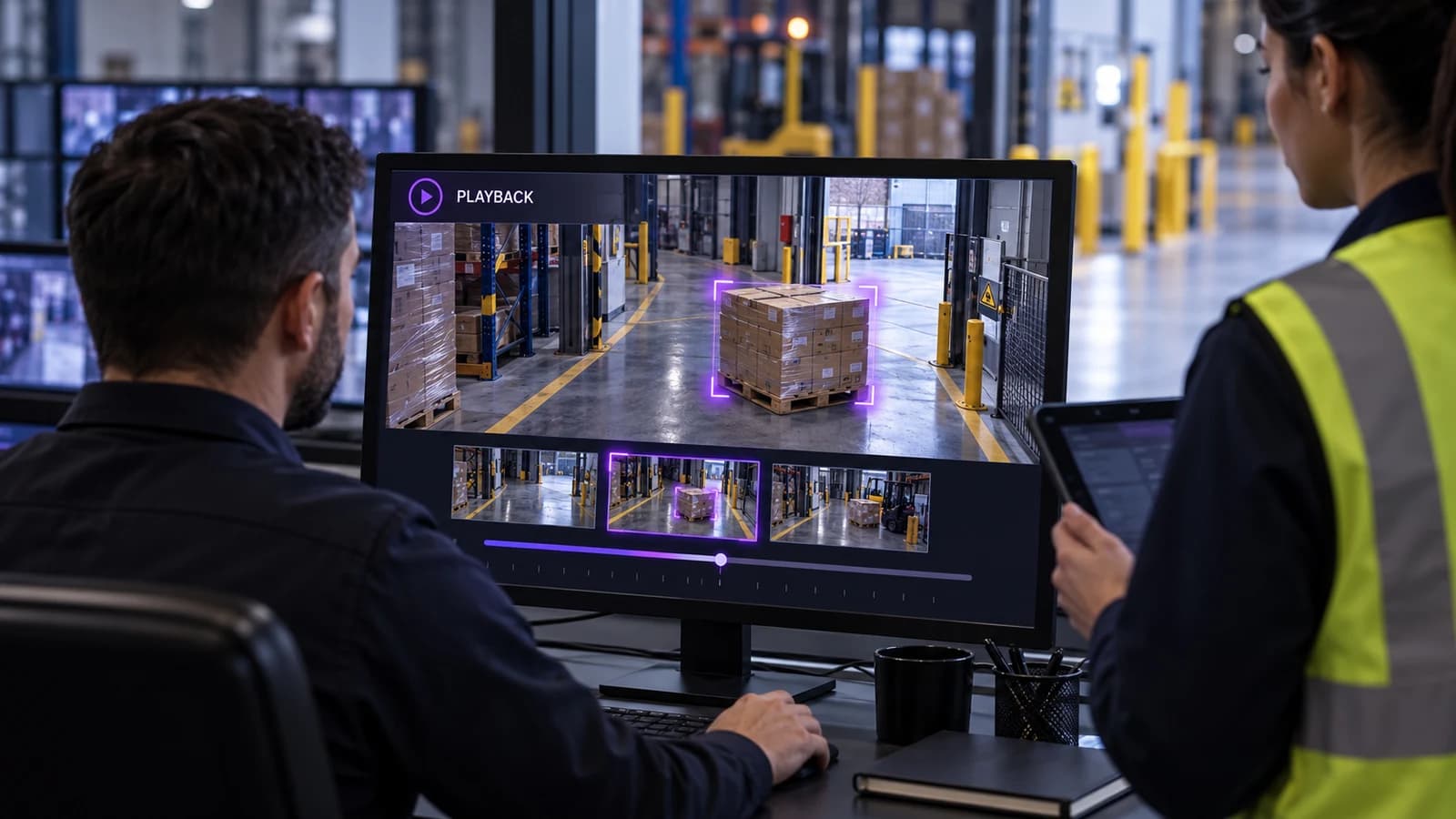 Operator reviewing incident playback and surrounding warehouse video
