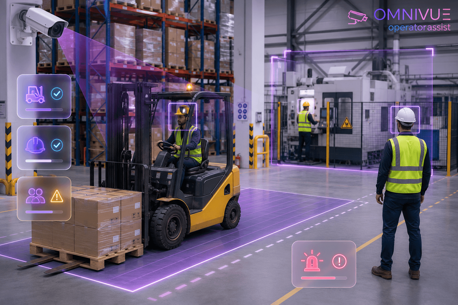 Warehouse operator safety monitoring with forklift and machine zones