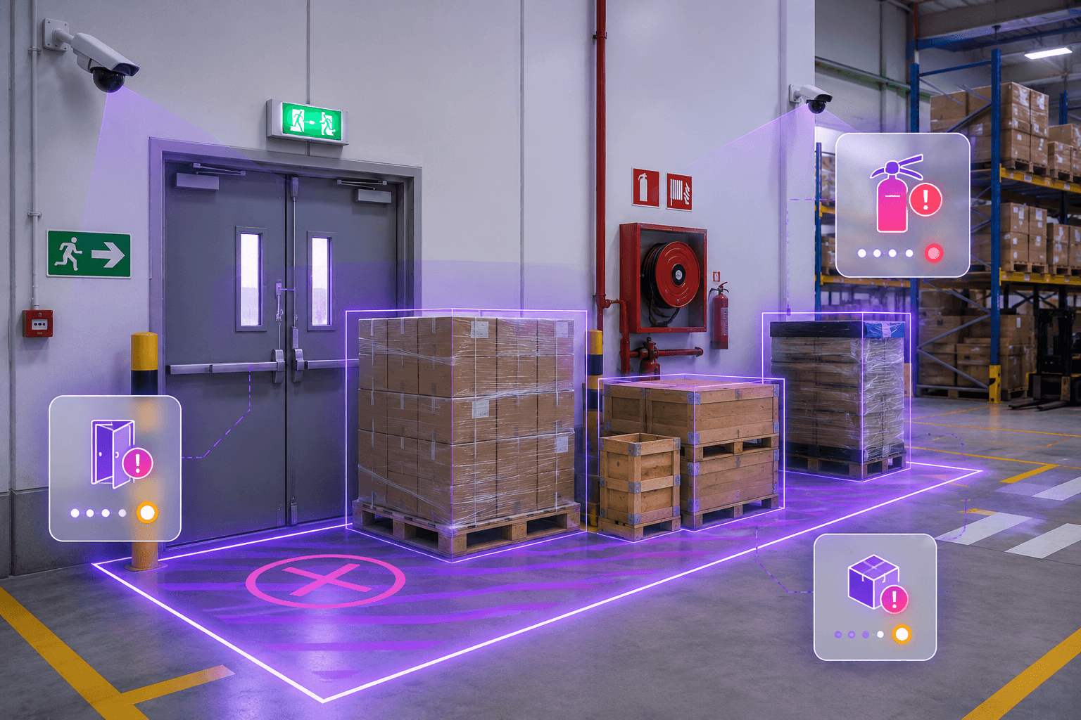 Warehouse emergency exit and fire equipment access monitoring