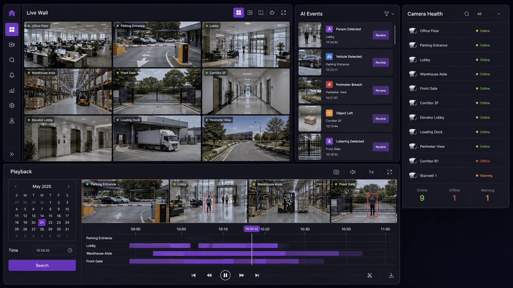 KVABI VMS product collage showing live wall, playback, AI events and camera health