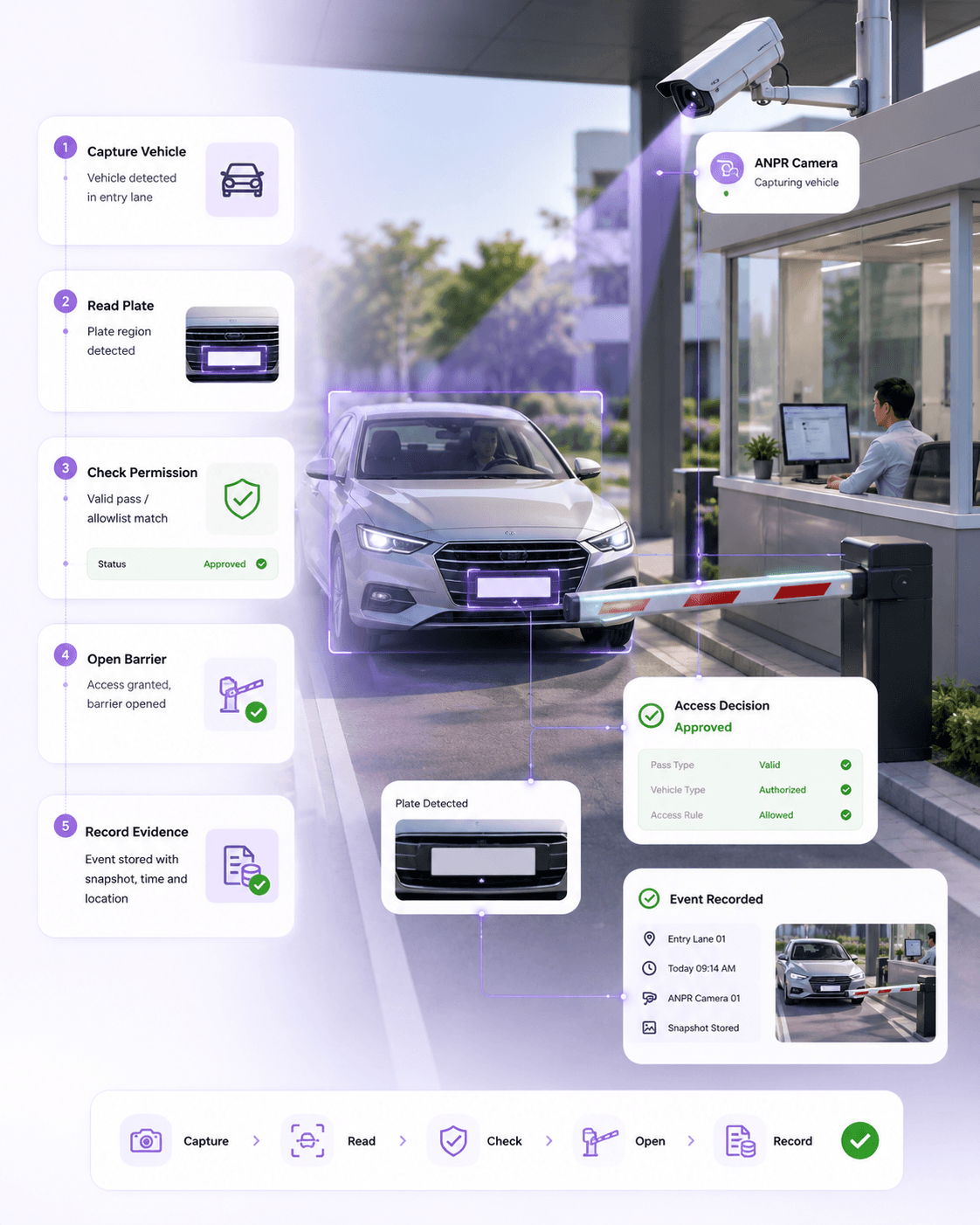Compact ANPR vehicle intelligence visual showing plate recognition and gate access
